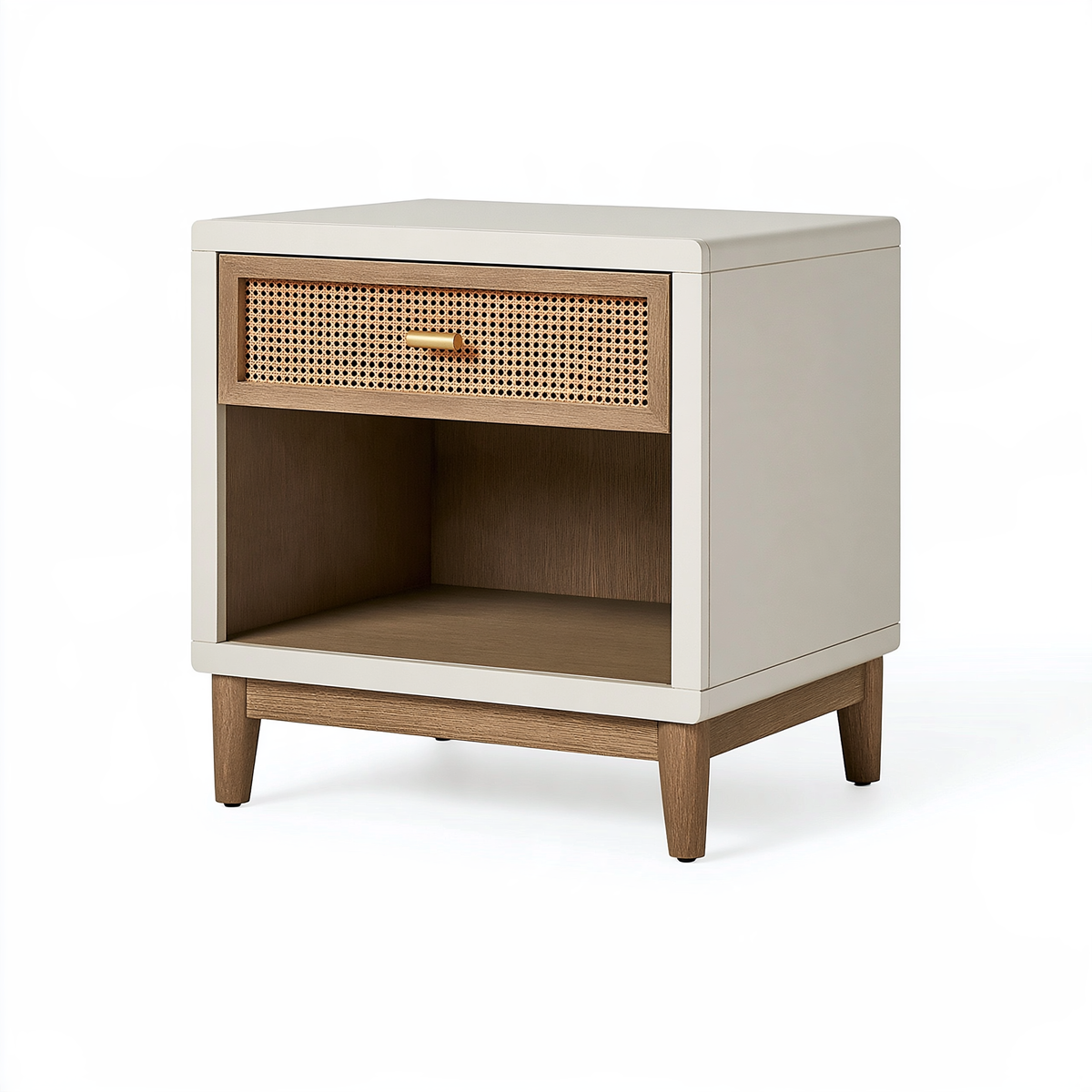 Comodino 45 x 40 x 60 cm in legno avorio e marrone con cassetto in rattan