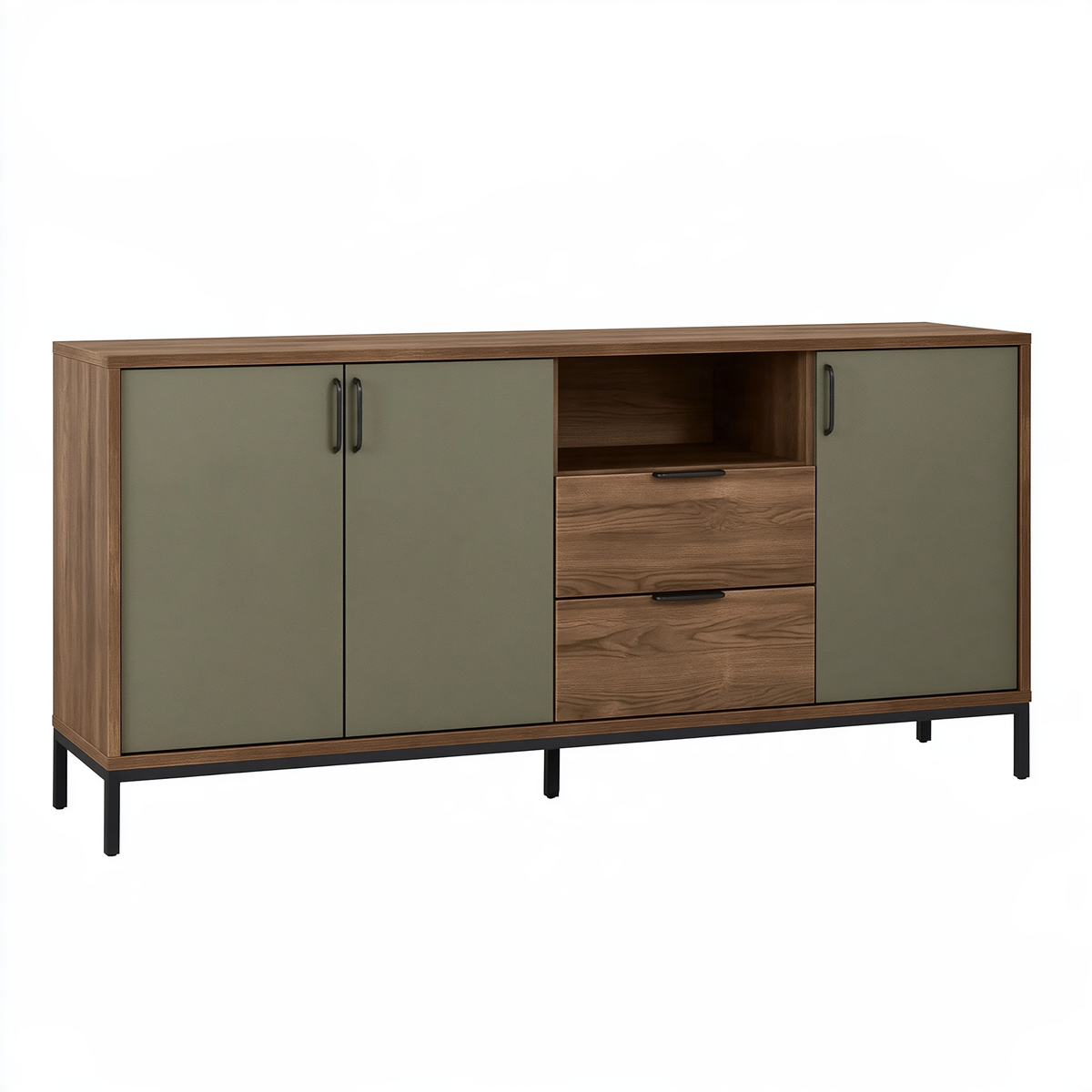 Credenza 160x40x90 cm effetto legno noce e verde con ante cassetti e vano aperto