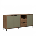 Credenza 160 x 40 x 90 cm effetto legno noce e verde con ante cassetti e vano a giorno
