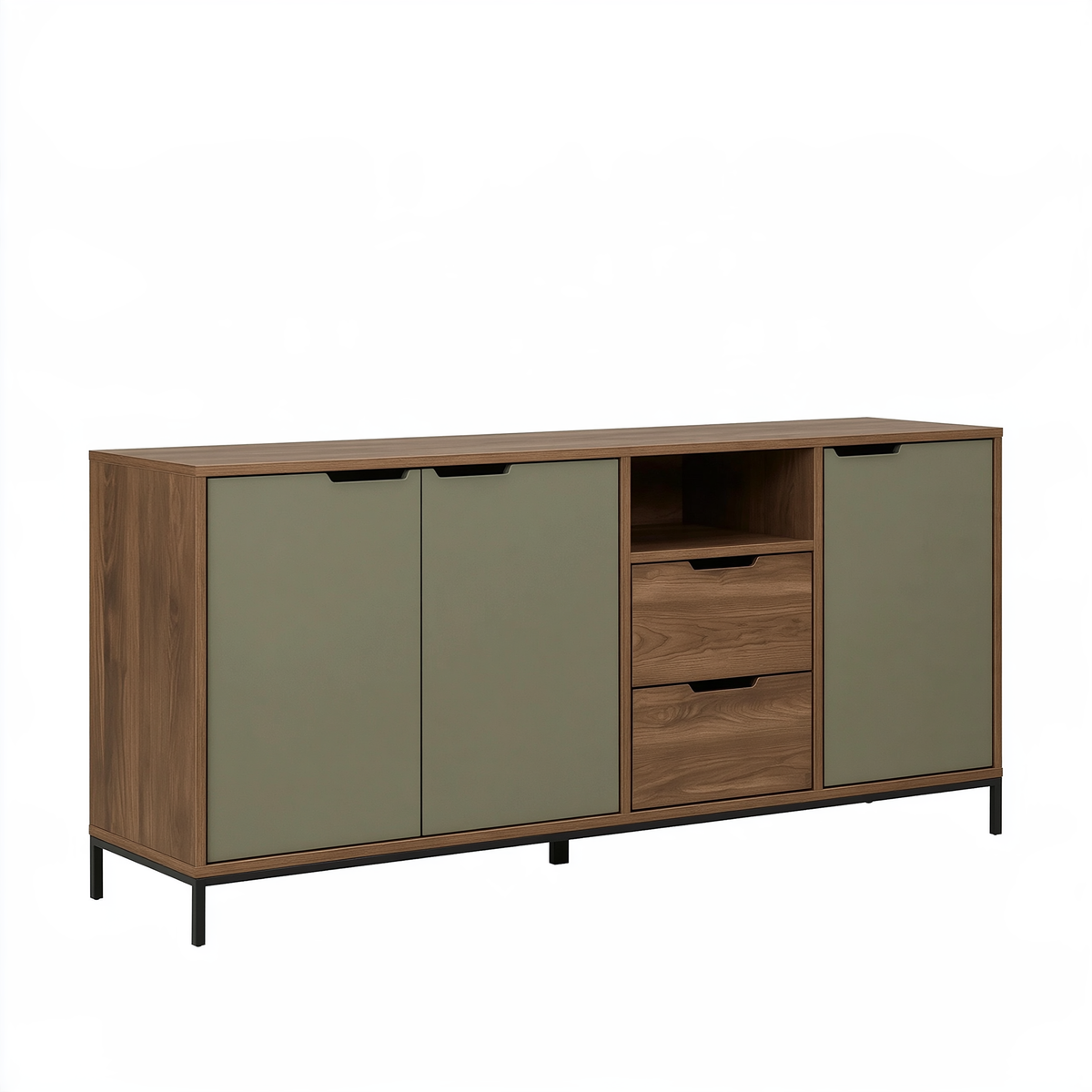 Credenza 160 x 40 x 90 cm effetto legno noce e verde con ante cassetti e vano a giorno