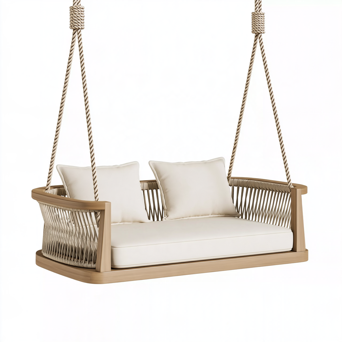 Divano altalena sospeso 140 x 75 x 65 cm in legno e corda beige per terrazza
