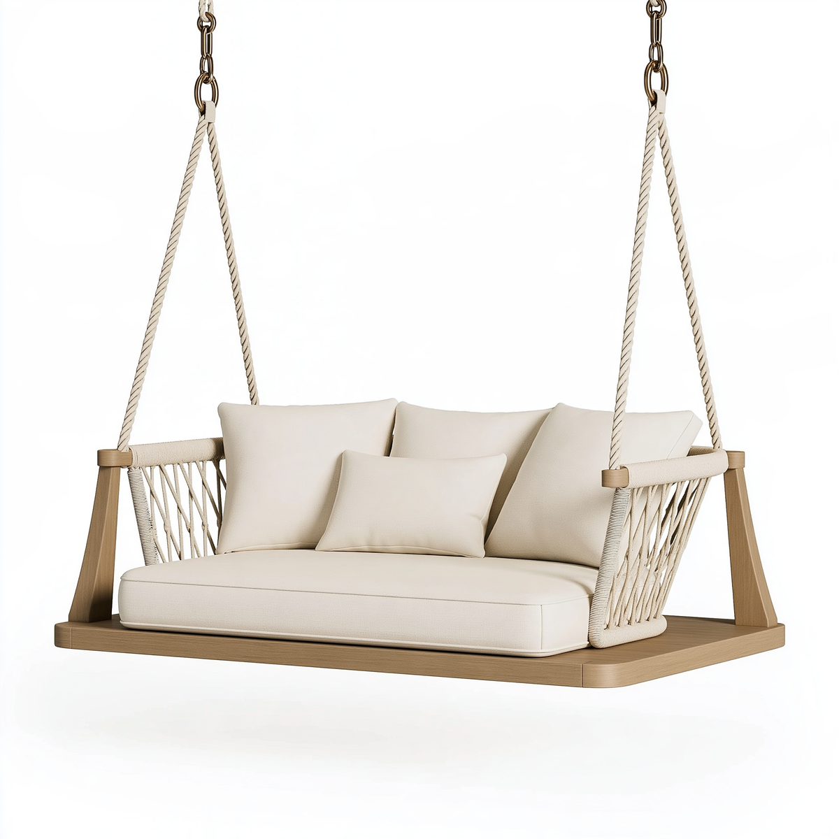 Dondolo sospeso da giardino 180 x 90 x 190 cm in legno e corda beige stile naturale