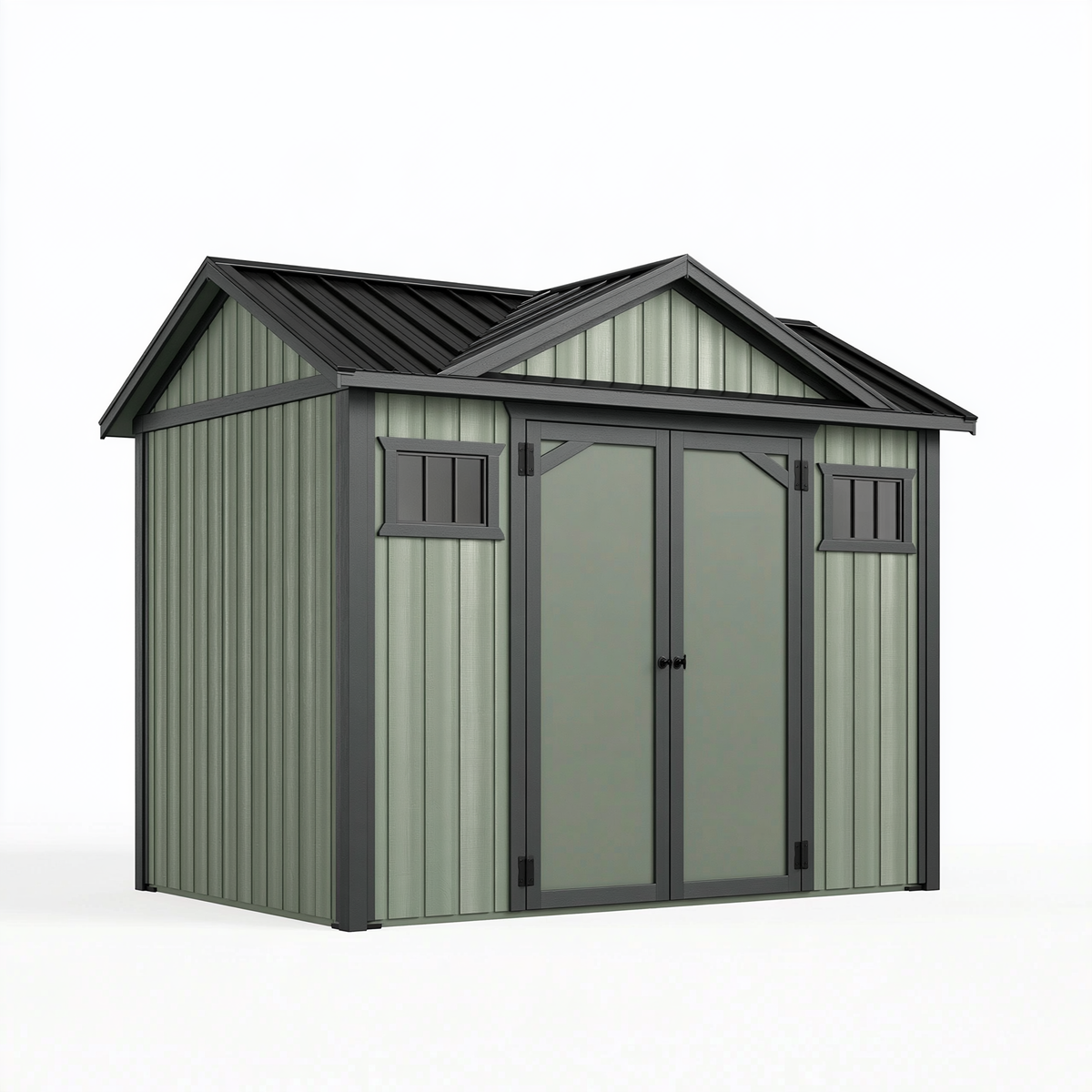 Casetta da giardino 210 x 130 x 200 cm in resina verde salvia con doppia porta a due falde