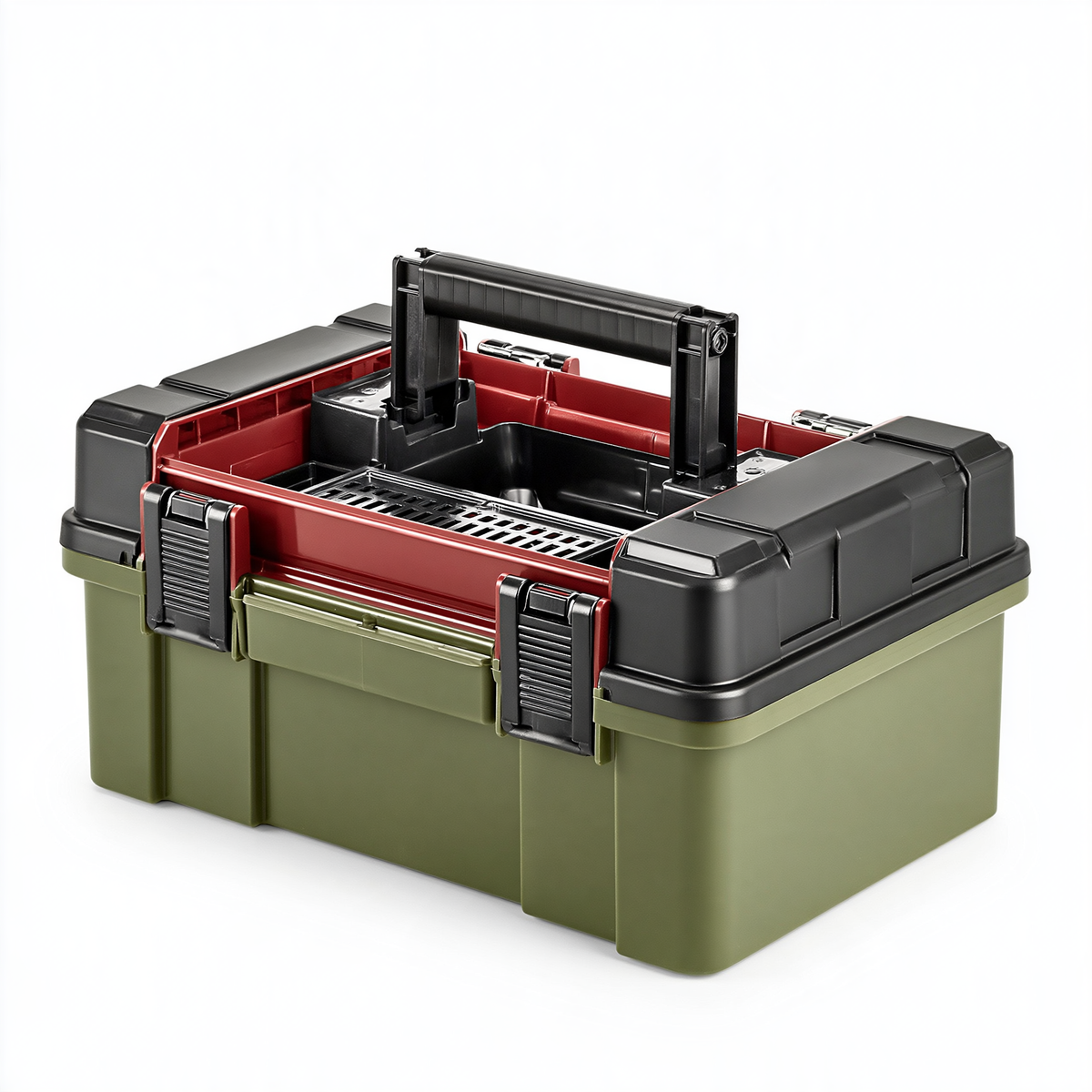 Cassetta portautensili 40 x 24 x 22 cm in plastica verde rosso e nero con maniglia pieghevole